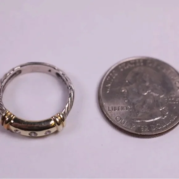 David Yurman Metro Two-Tone Diamond Ring 14K Gold 925 Sterling Cable Band (R719) - Picture 6 of 7